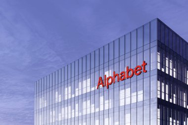 Mountain View, California, ABD. 17 Şubat 2021. Sadece Editoryal Kullanım, 3D CGI. Alfabe A.Ş. Cam Binanın Üstündeki İmza Logosu. İşyeri Şirket Merkezi.