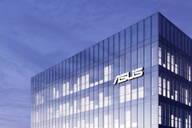 Taipei, Tayvan. 18 Şubat 2021. Sadece Editoryal Kullanım, 3D CGI. Cam Binanın tepesindeki Asus İmza Logosu. Yüksek binadaki İşyeri Bilgisayar Hırdavat Şirketi.
