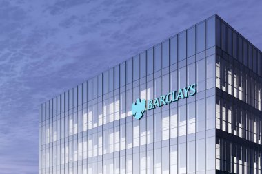 Londra, Birleşik Krallık. 18 Şubat 2021. Sadece Editoryal Kullanım, 3D CGI. Barclays İşaret Logosu Cam Binanın tepesinde. Yüksek binadaki İşyeri Finans Hizmetleri Şirketi.