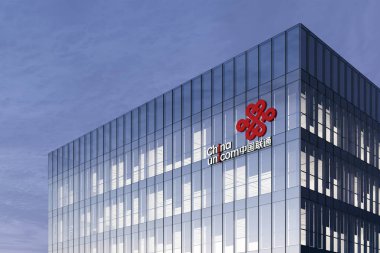 Hong Kong, Çin. 19 Şubat 2021. Sadece Editoryal Kullanım, 3D CGI. China Unicom Şirketi Cam Bina 'nın tepesinde imza logosu var. İş yeri Telekomünikasyon Şirketi Genel Merkezi.