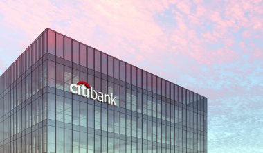 New York, USA. February 19, 2021. Editorial Use Only, 3D CGI. Citibank Signage Logo on Top of Glass Building. Workplace Financial Services Company in High-rise Office Headquarter. clipart
