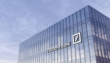 Frankfurt, Almanya. 19 Şubat 2021. Sadece Editoryal Kullanım, 3D CGI. Deutsche Bank İmza Logosu Cam Binası. Yüksek binadaki İşyeri Yatırım Bankacılık Finans Hizmetleri Şirketi.
