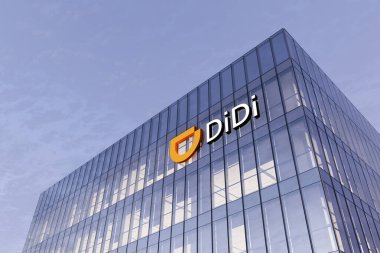 Beijing, China. February 19, 2021. Editorial Use Only, 3D CGI. Didi Signage Logo on Top of Glass Building. Workplace of Car Sharing Services Transport Company in High-rise Office Headquarter. clipart