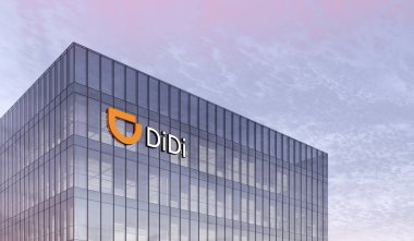 Beijing, China. February 19, 2021. Editorial Use Only, 3D CGI. Didi Signage Logo on Top of Glass Building. Workplace of Car Sharing Services Transport Company in High-rise Office Headquarter. clipart