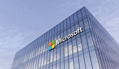 Redmond, United States. February 25, 2021. Editorial Use Only, 3D CGI. Microsoft Corporation Holding Signage Logo on Top of Glass Building. Workplace of Technology Internet Company Office Headquarter. clipart