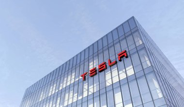 Palo Alto, Kaliforniya, ABD. 17 Şubat 2021. Sadece Editoryal Kullanım, 3D CGI. Cam Binanın tepesindeki Tesla İmza Logosu. İş yeri Araba Şirketi Merkezi.