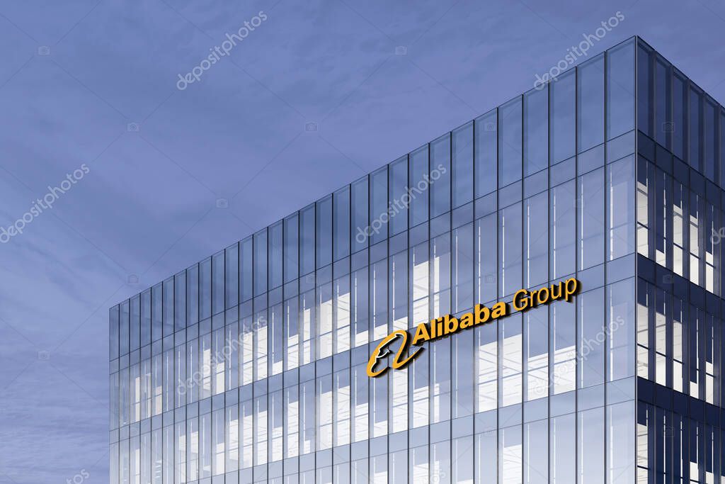 Hangzhou, China. February 17, 2021. Editorial Use Only, 3D CGI. Alibaba Group Signage Logo on Top of Glass Building. Workplace Internet E-commerce Company Office Headquarter.