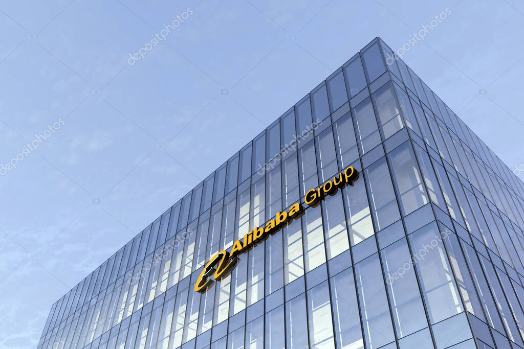 Hangzhou, China. February 17, 2021. Editorial Use Only, 3D CGI. Alibaba Group Signage Logo on Top of Glass Building. Workplace Internet E-commerce Company Office Headquarter.