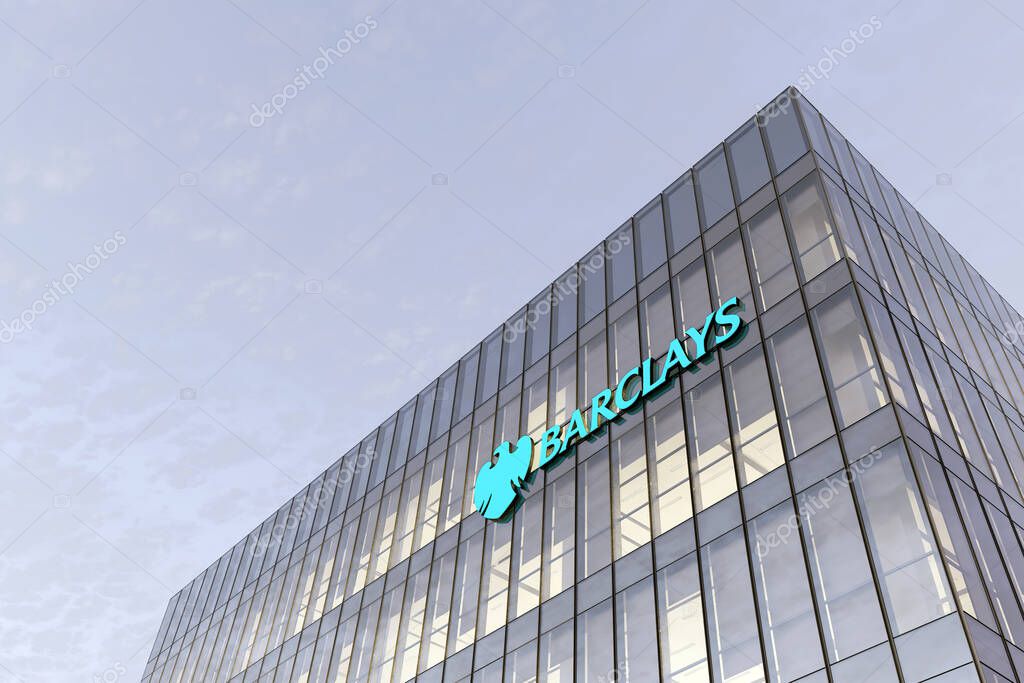 London, United Kingdom. February 18, 2021. Editorial Use Only, 3D CGI. Barclays Signage Logo on Top of Glass Building. Workplace Financial Services Company in High-rise Office Headquarter.
