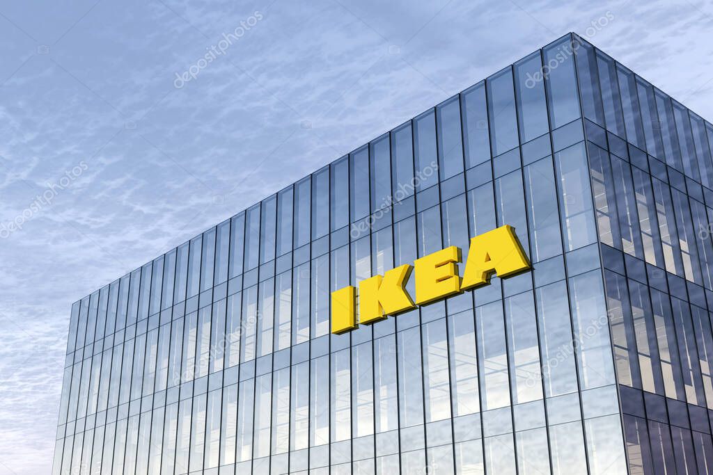 Delft, Netherlands. February 25, 2021. Editorial Use Only, 3D CGI. Ikea Signage Logo on Top of Glass Building. Workplace of Furniture Company in High-rise Office Headquarter.