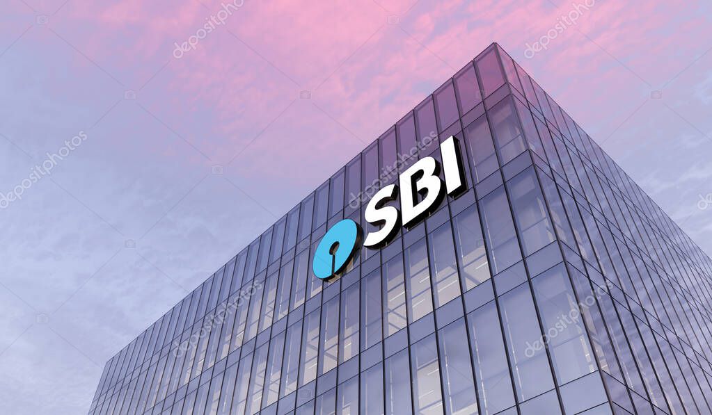 Mumbai, India. February 27, 2021. Editorial Use Only, 3D CGI. SBI Banking Signage Logo on Top of Glass Building. State Bank of India Corporation Company in High-rise Office Headquarter.