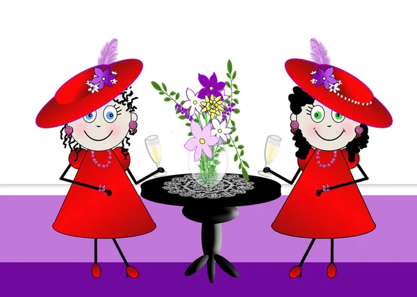 楽しいイラスト - シャンパンをすすりながら 2 つの文字赤い帽子の女性 — ストック写真