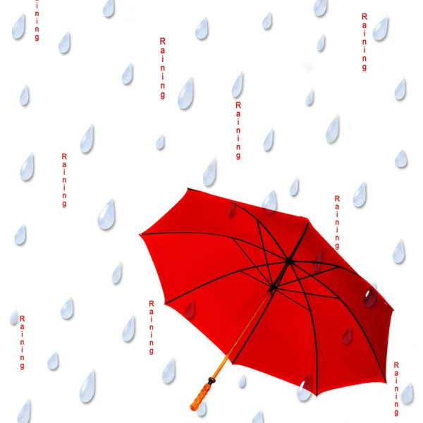 Red Large Umbrella Background with large raindrops and text raining. — Stock Photo, Image