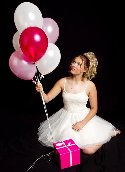 Party Girl In White Tulle Dress Holding Balloons — Stock Photo, Image