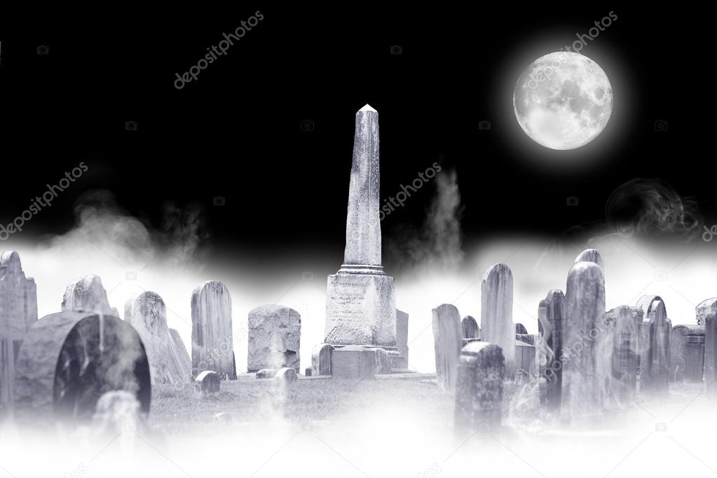 Halloween Ghostly Graveyard with Full Moon Illustration