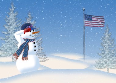 kar fırtınası içinde Amerikan bayrağını selamlayan kardan adam