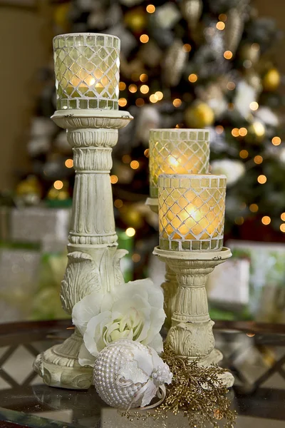 Holiday Candles with Christmas Tree — Stock Photo, Image