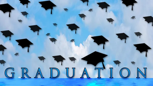 Graduation Caps in Air above Water — Stock Photo, Image