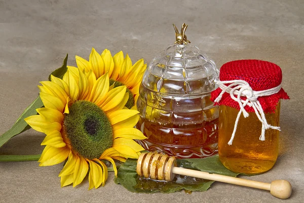Old Fashion Honey in Jar with Sunflowers