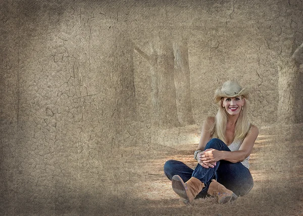 Textured Background with Cowgirl sitting — Stock Photo, Image