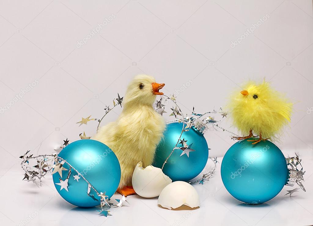 Christmas Chicks And Blue Christmas Decorations Stock Photo