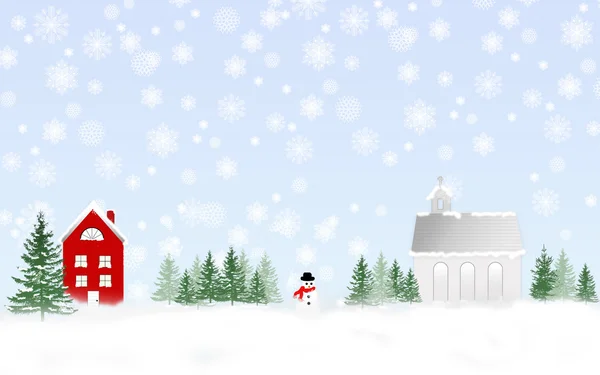 Winter Wonderland Background - Home and Church Snowman — Stock Photo, Image