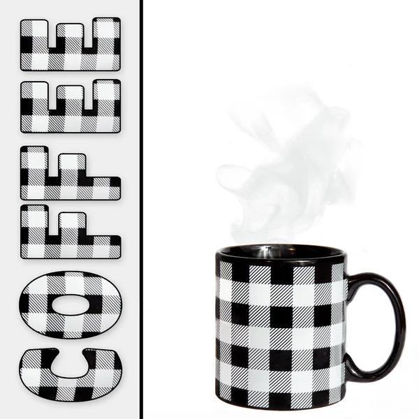 大きな黒ホワイト格子縞パターンとコーヒーの背景 — ストック写真