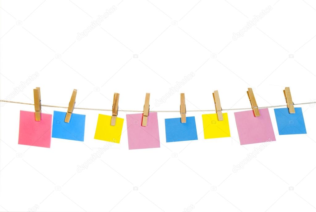 Clothesline with clothes pins holding colorful shapes for text — Stock