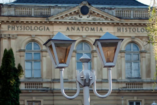 Lviv Ucrania Abril 2011 Farola Fondo Universidad Médica Nacional Lviv — Foto de Stock