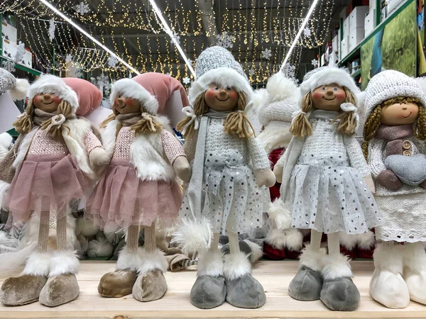 Christmas New Year Toys Dolls Smiling Girls Winter White Clothes — Stock Photo, Image