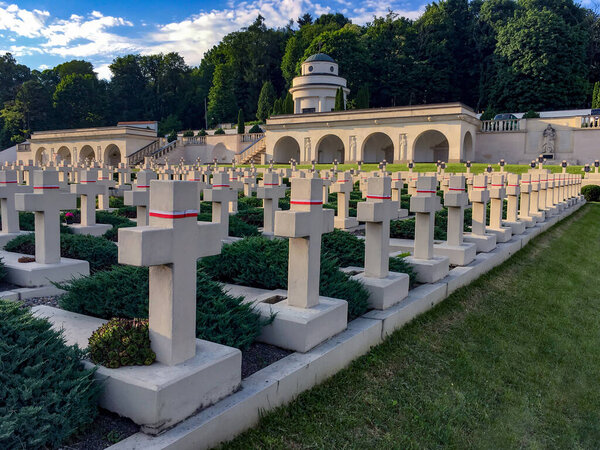 LVIV, UKRAINE - JUNE 04, 2019: Memorial in honor of the Lviv eaglets (Polish volunteers of Lviv) who fell (1918-1919) against the units of the West Ukrainian People's Republic at the Lychakiv cemetery