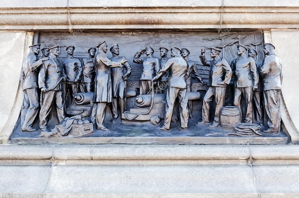 Bas-relief on the monument to Admiral Nakhimov in Sevastopol (Crimea) - military Russian sailors participating in the defense of Sevastopol.