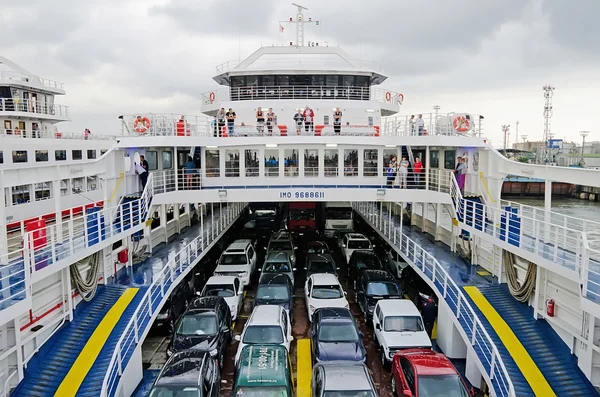 Cars and passengers on ferry in Kerch — Stock Photo, Image