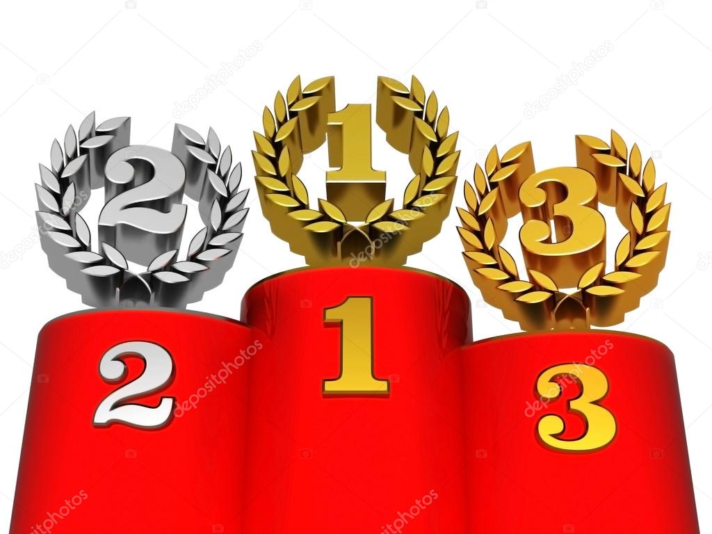 Numbers 1, 2, 3 in gold, silver and bronze wreaths