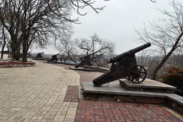 A lot of old steel gun on bank of Desna River in Chernihiv, Ukraine