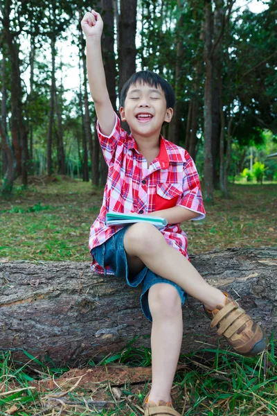 Kid happy and smiling on wooden log in national park. Outdoors. — Stock Photo, Image