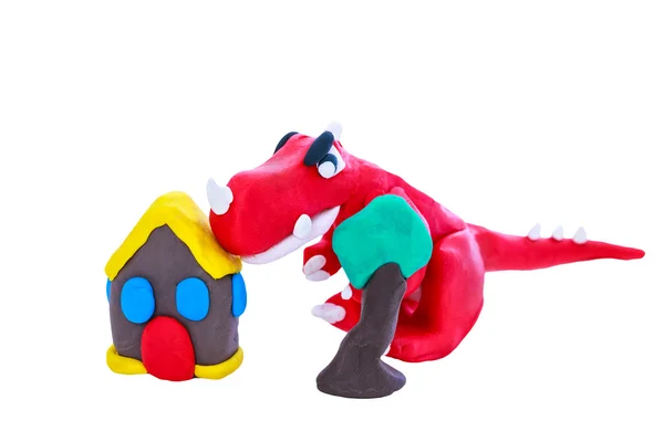 Modelo de argila de dinossauro vermelho criativo, isolado. Jogar massa animal — Fotografia de Stock