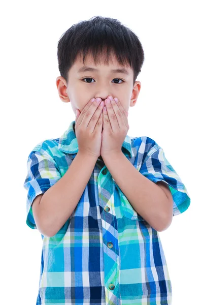 Asian boy covering his mouth. Isolated on white background. — Stock Photo, Image