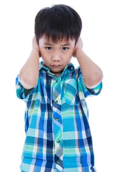 Asian boy covering his ear. Isolated on white background. — Stock Photo, Image