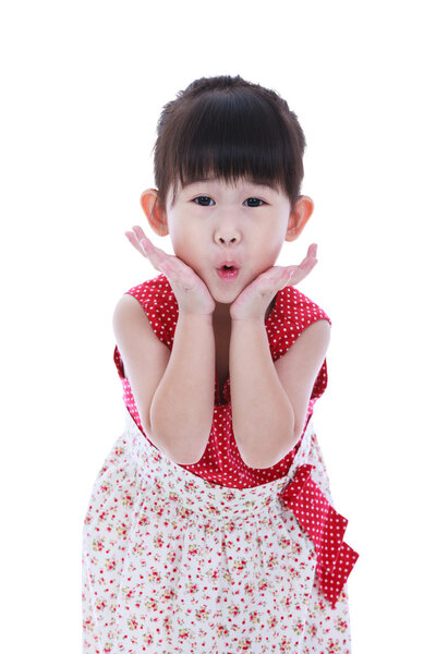 Wow. Portrait of a lovely little asian girl holding her mouth opned, hands on cheek. 