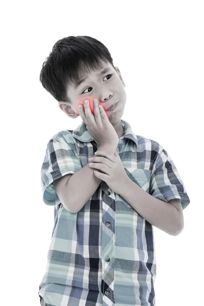 Asian handsome boy is having toothache. Isolated on white background. — Stock Photo, Image