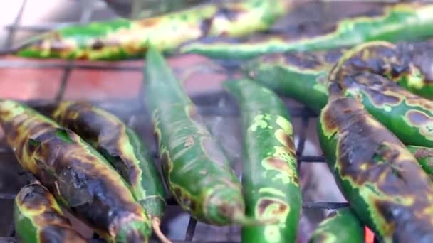 Hand Turn Piece Fresh Green Chilies Grilled Barbecue Stove — Stock Video