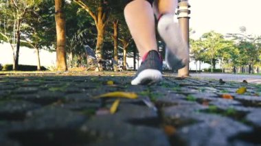 Arkadan bak. Spor giyimli Asyalı kadın koşucu parkta koşuyor. Açık havada, yaz günü parlak güneş ışığı altında. Sağlıklı Yaşam Tarzı.