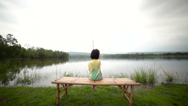 Lovely Asian Child Sitting Bamboo Litter Happy Girl Pulling Rod — Stock Video
