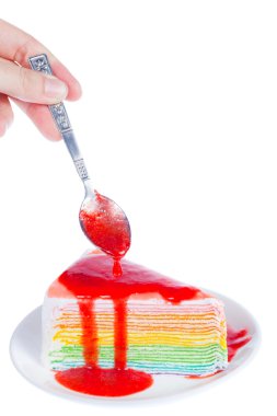 İnsan eli ve lezzetli pastasından izole üzerinde beyaz backgro