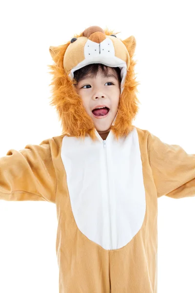 Little lovely asian boy costumed like a lion and looking ahead — Stock Photo, Image