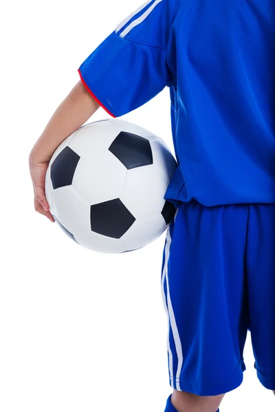 Achteraanzicht van jeugd voetbalspeler in blauwe uniform — Stockfoto