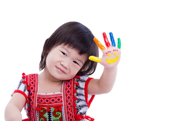 Schattig klein Aziatische (thai) meisje haar palm, geïsoleerd op schilderen — Stockfoto