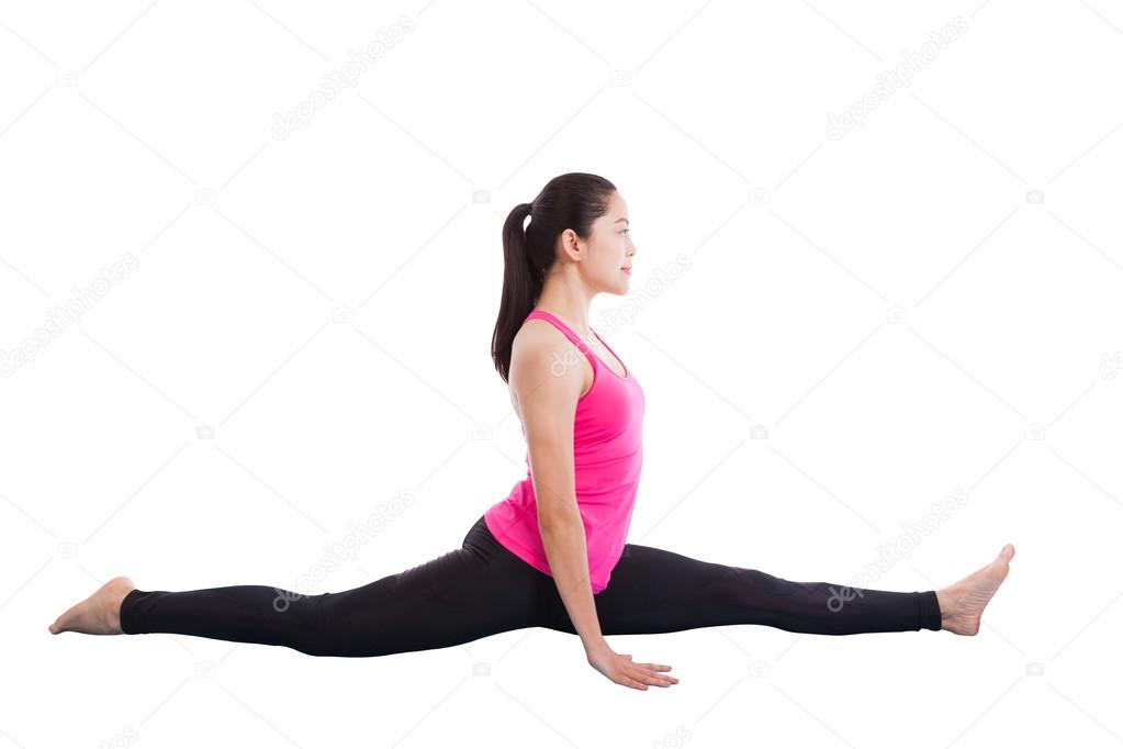 Asian woman practicing yoga, exercise called Monkey Pose, isolat