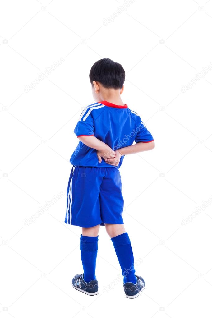 Back pain. Child rubbing the muscles of his lower back, Isolated